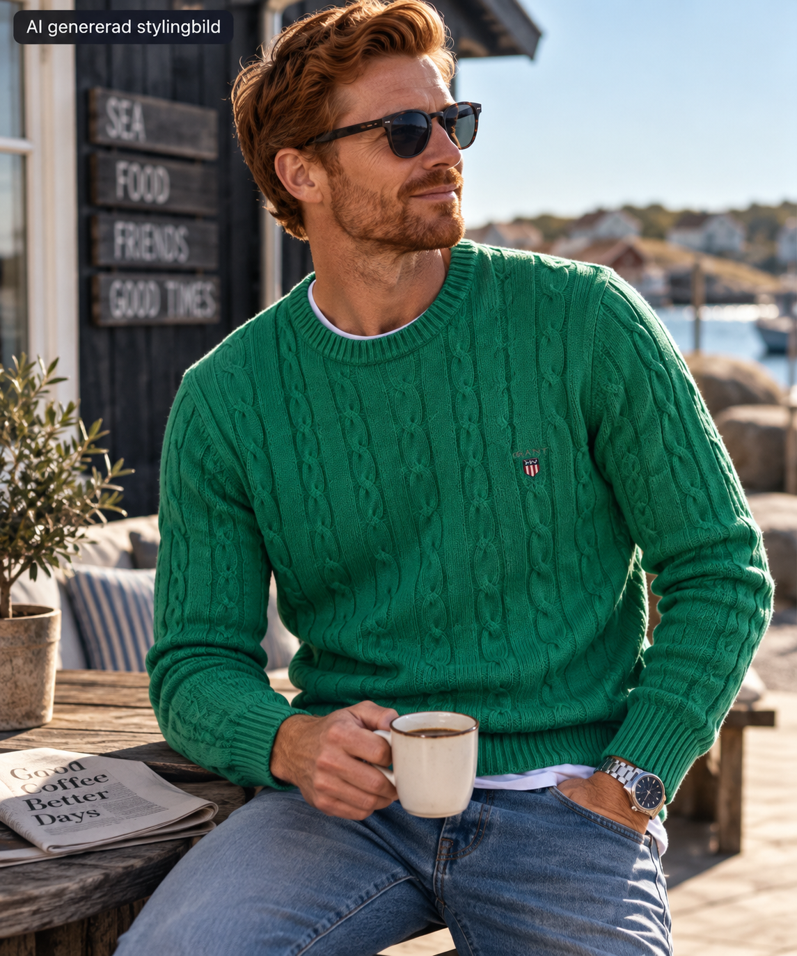 GANT Grön kabelstickad tröja, Premium Cotton